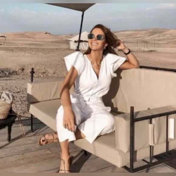 Zara White Rustic Cap Flutter Sleeve Jumpsuit Belted Cotton Summer Sz Small - Picture 9 of 16